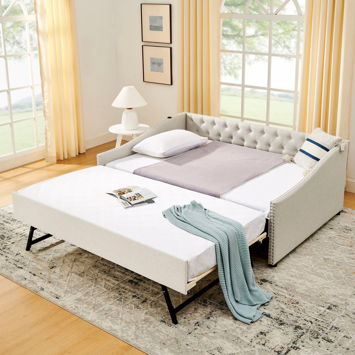 Upholstered Daybed With USB Charging & Pull Out Bed - The Sleep Loft - Online Mattress Showroom NYC