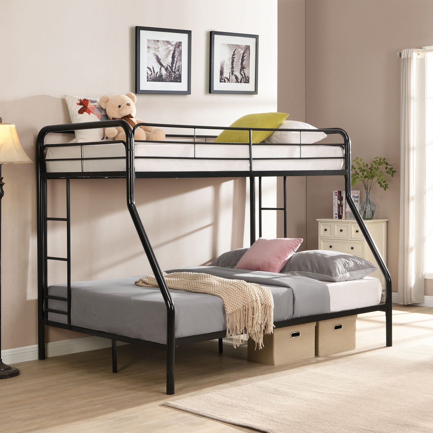 Modern Twin Over Full Metal Bunk Bed With Trundle And Dual Side Ladder And Metal Design - Black / Brown - The Sleep Loft - Online Mattress Showroom NYC