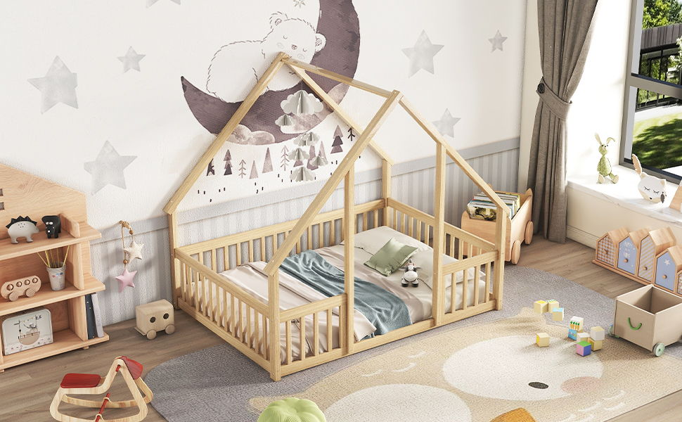 Wood House-Shaped Floor Bed With Fence, Guardrails - The Sleep Loft - Online Mattress Showroom NYC