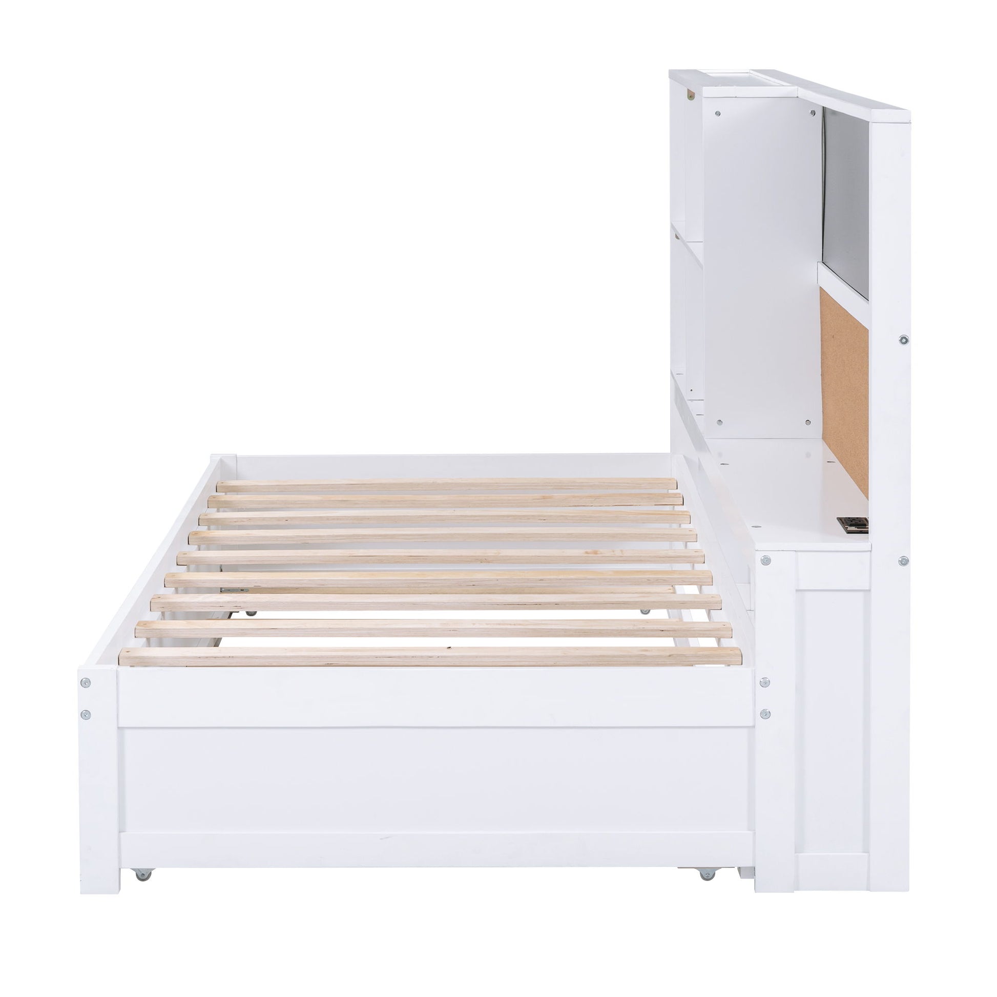 Twin Size Daybed With Storage Shelvesboard, Cork Board, USB Ports And Trundle - White - The Sleep Loft - Online Mattress Showroom NYC