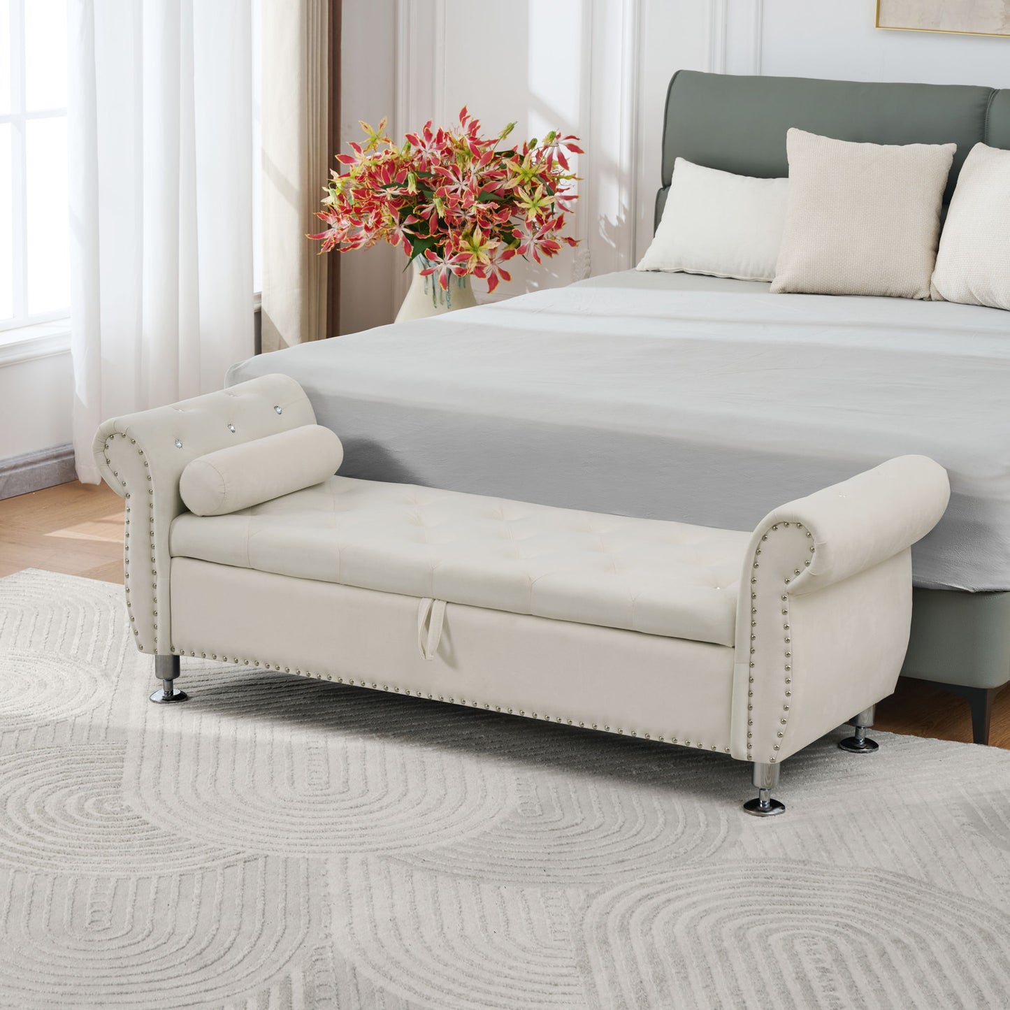 Storage Bench With Crystal Buttons And 1 Pillow For Bedroom - The Sleep Loft - Online Mattress Showroom NYC