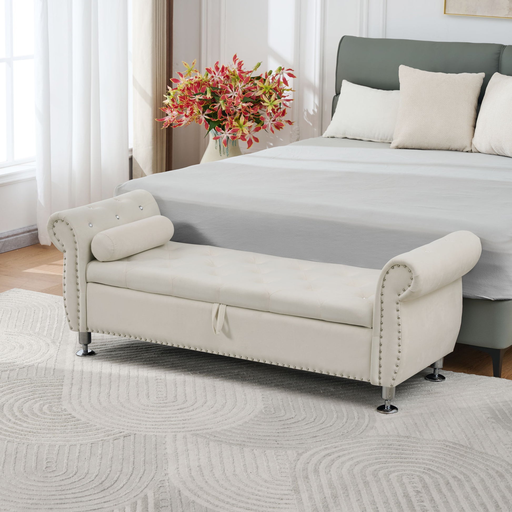 Storage Bench With Crystal Buttons And 1 Pillow For Bedroom - The Sleep Loft - Online Mattress Showroom NYC