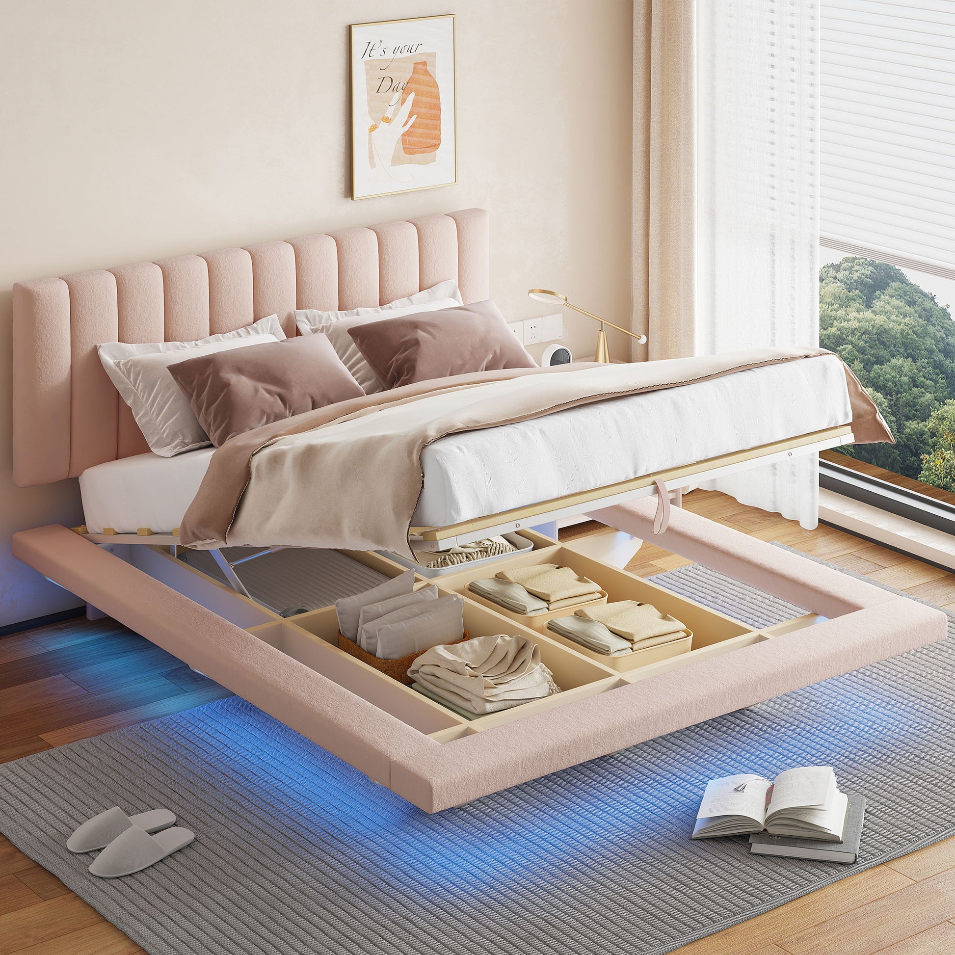 Upholstered Floating Hydrualic Platform Bed With LED Light And USB Port - The Sleep Loft - Online Mattress Showroom NYC