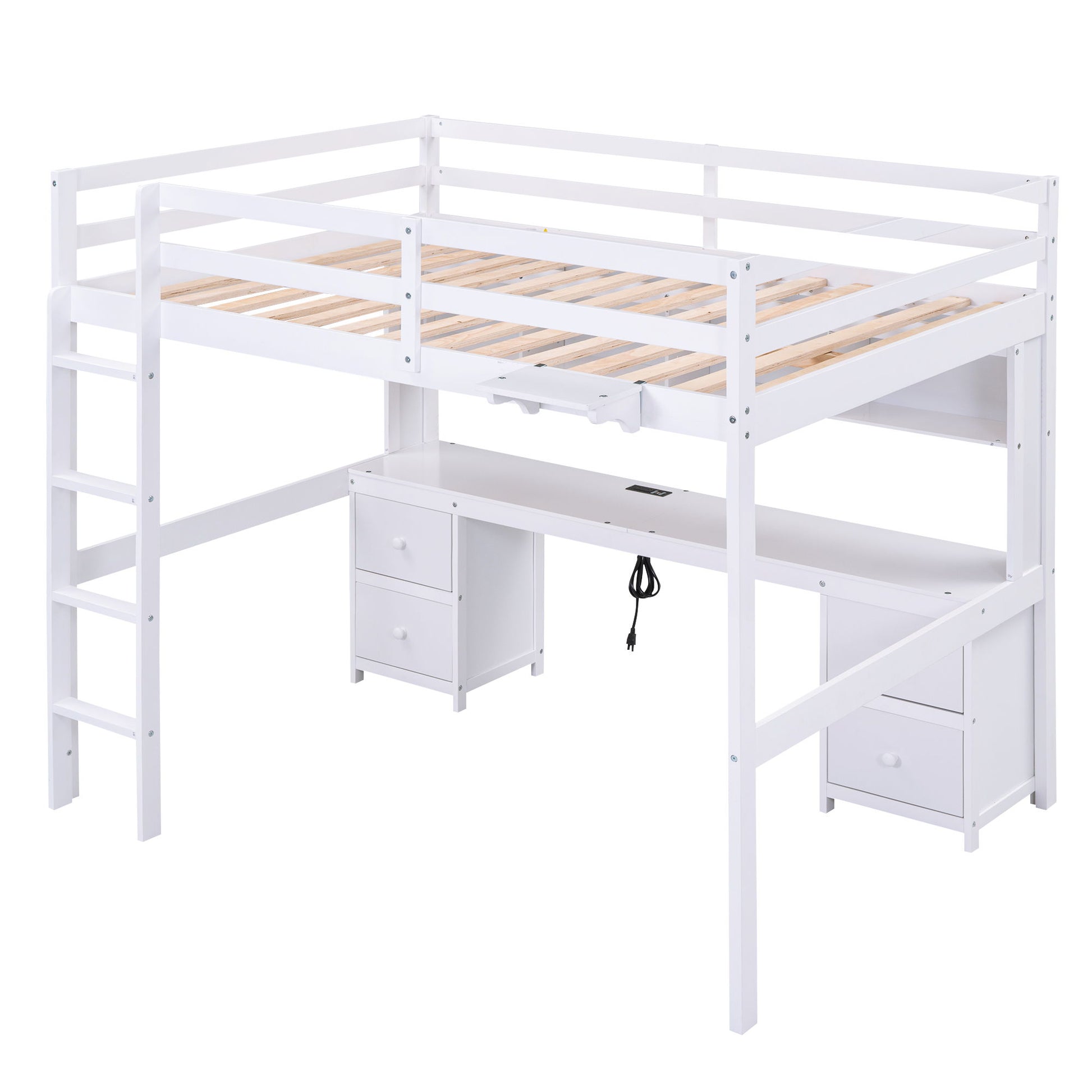 Full Size Loft Bed With Desk, Cabinets, Drawers, Charging Station And Bedside Tray, Sturdy Frame, No Box Spring Required - White - The Sleep Loft - Online Mattress Showroom NYC