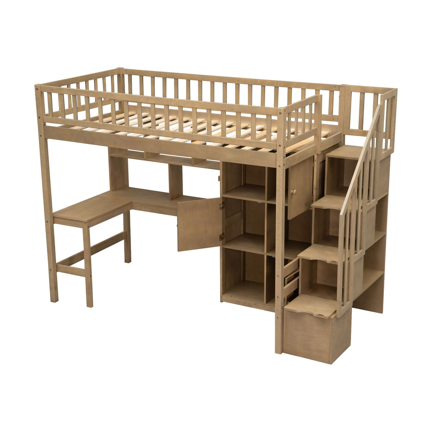 Loft Bed With Built In L Shaped Desk, LED Lights, Storage Shelves, Cabinets, And Staircase - The Sleep Loft - Online Mattress Showroom NYC