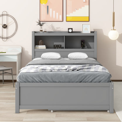 Full Size Platform Bed With Trundle, Drawers, USB Ports And Built In Shelves - Gray - The Sleep Loft - Online Mattress Showroom NYC