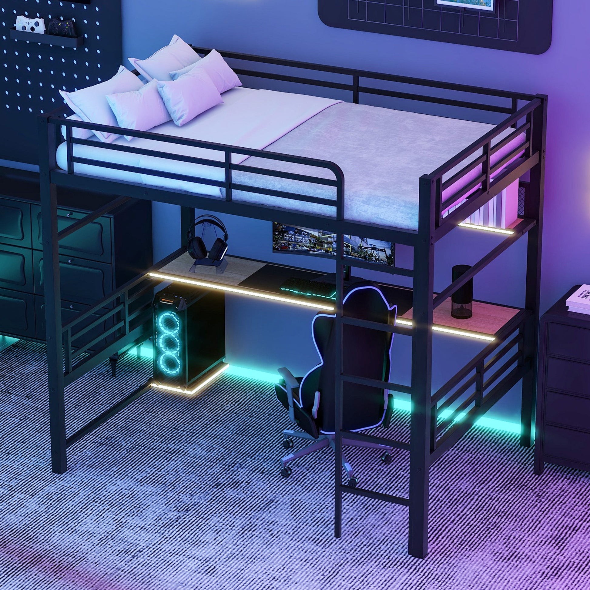 Full Size Loft Bed Frame With Storage Shelf And LED Light - Black - The Sleep Loft - Online Mattress Showroom NYC