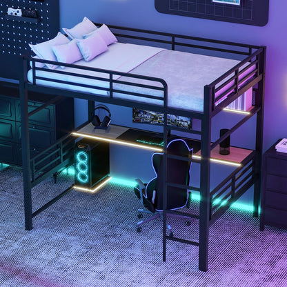 Full Size Loft Bed Frame With Storage Shelf And LED Light - Black - The Sleep Loft - Online Mattress Showroom NYC