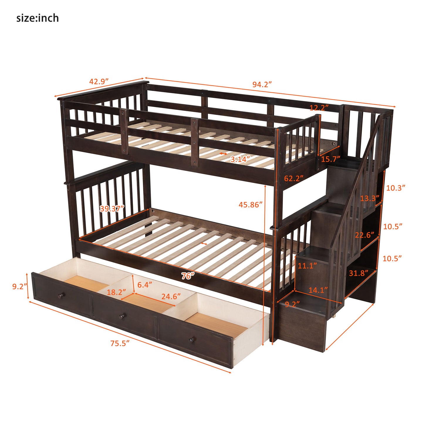 Stairway Bunk Bed With Storage And Guard Rail For Bedroom - The Sleep Loft - Online Mattress Showroom NYC
