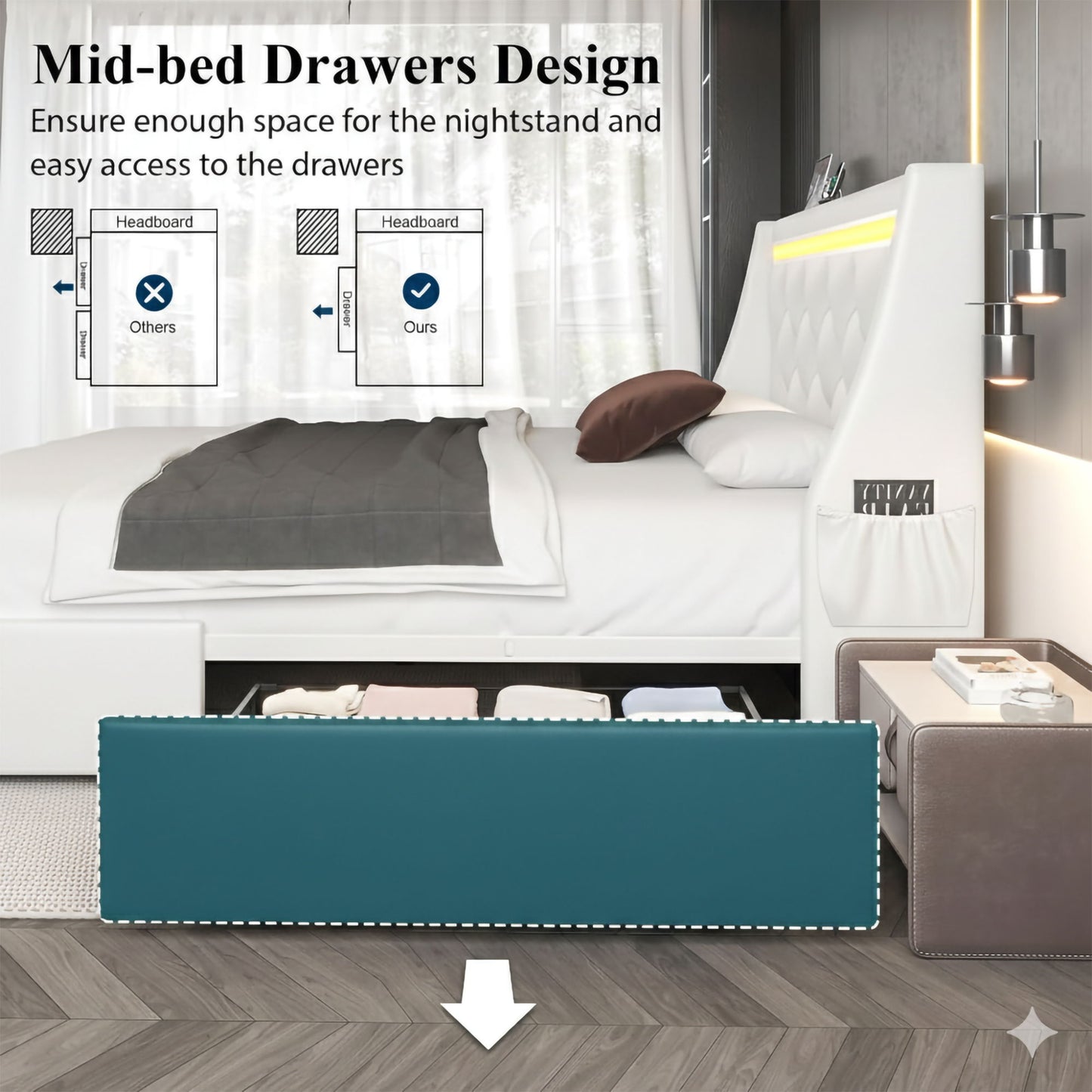 Wingback Upholstered Bed Frame With LED Lights, Charging Station - The Sleep Loft - Online Mattress Showroom NYC