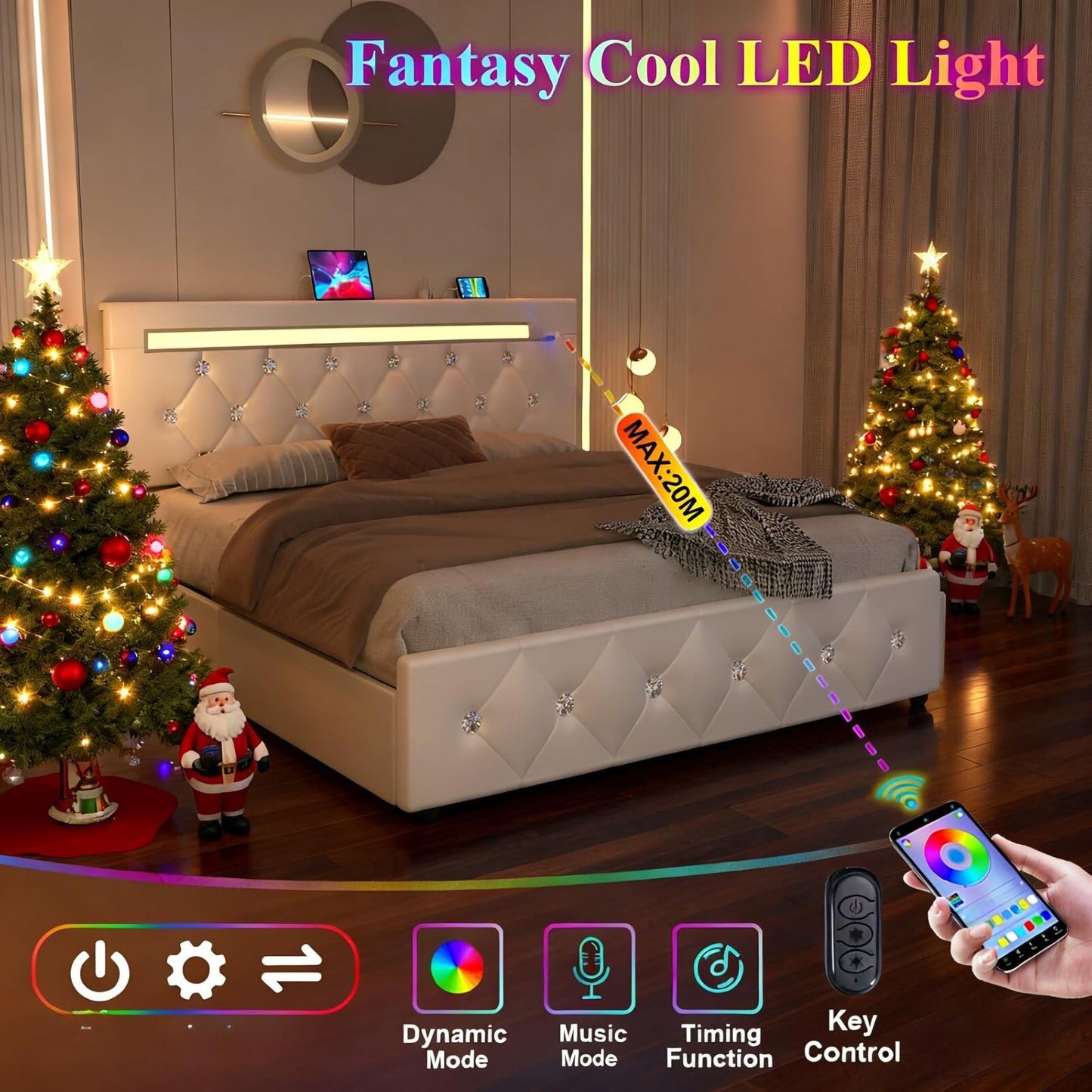 Upholstered Bed Frame With LED Lights, 4 Storage Drawers, Charging Station - The Sleep Loft - Online Mattress Showroom NYC