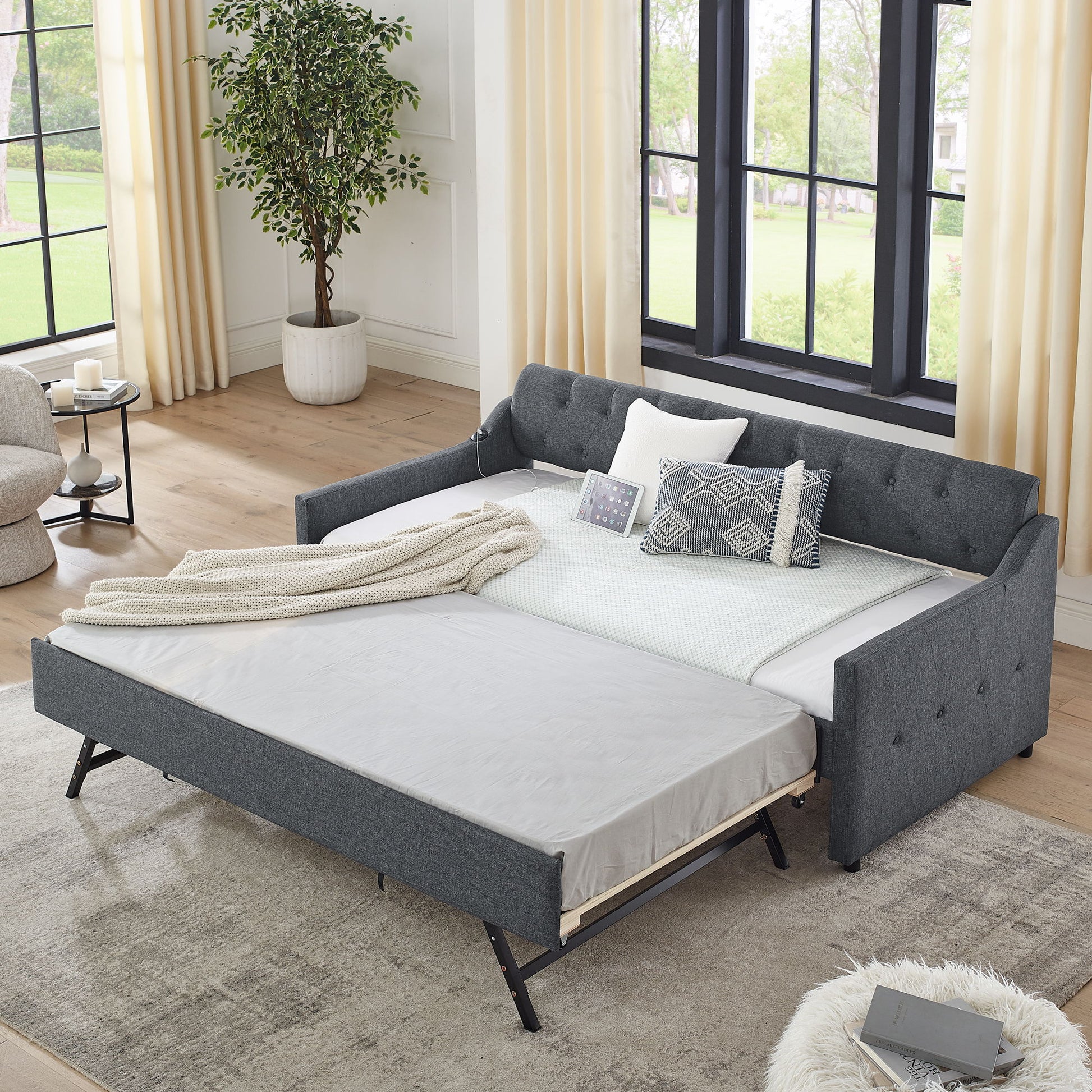 Size Upholstered Daybed With Trundle And USB Charging Armrest - The Sleep Loft - Online Mattress Showroom NYC