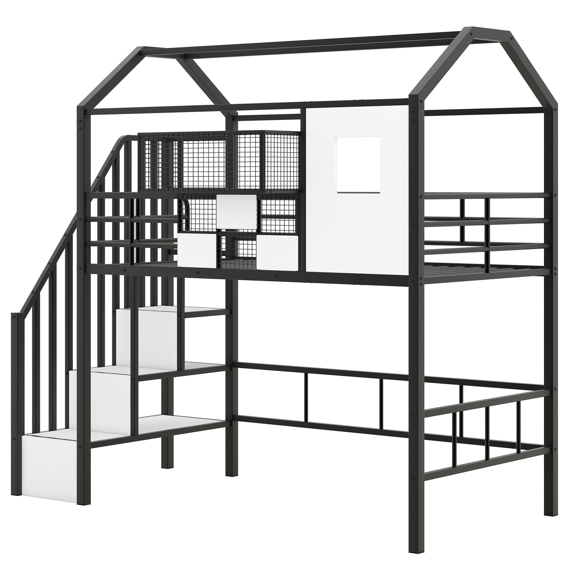 Metal Loft Bed With Roof Design And Storage Box With Guardrails And Integrated Ladder - The Sleep Loft - Online Mattress Showroom NYC