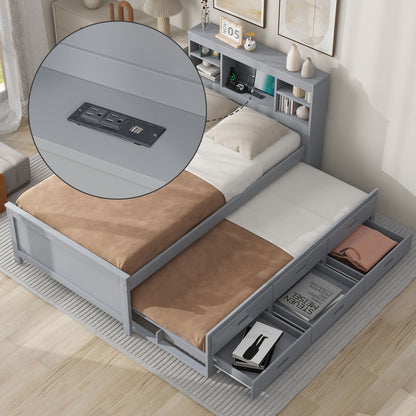 Platform Bed With Storage Headboard, USB, Trundle And 3 Drawers - The Sleep Loft - Online Mattress Showroom NYC