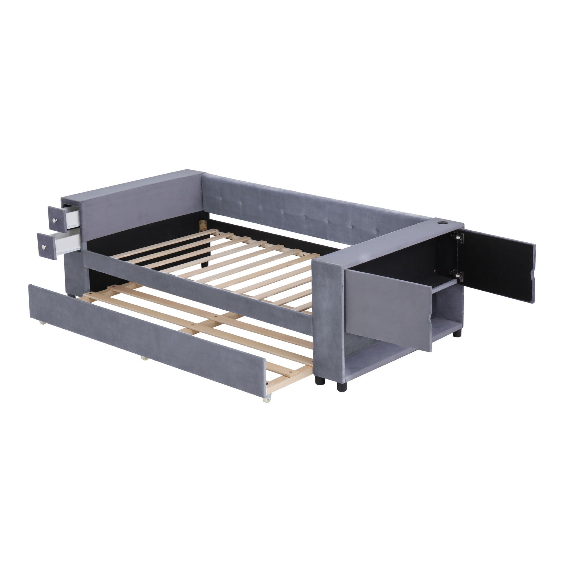 Upholstered Bed With Storage And Twin Trundle, USB Charging Ports - The Sleep Loft - Online Mattress Showroom NYC