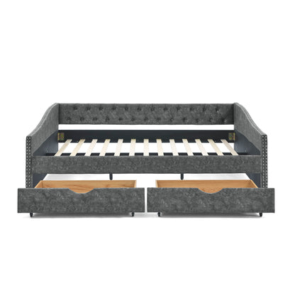 Upholstered Tufted Daybed With 2 Drawers, Waved Arms - The Sleep Loft - Online Mattress Showroom NYC