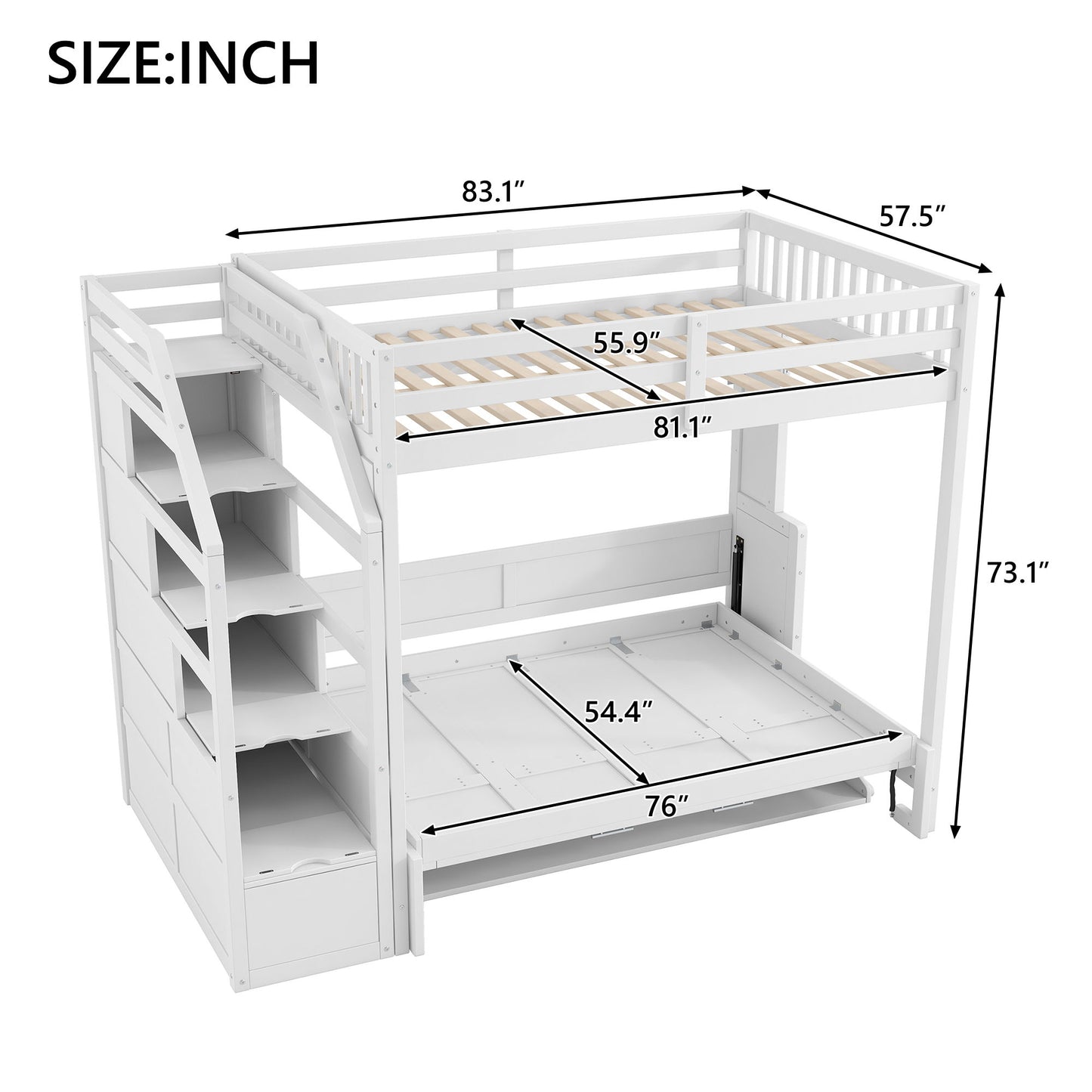 Full Long Loft Bed With Storage Staircase, Murphy Bed, LED Light - White - The Sleep Loft - Online Mattress Showroom NYC