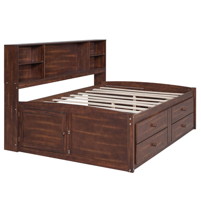 Full Size Captain Bed With Built In Storage Shelves, 4 Drawers And 2 Cabinets - Antique Brown - The Sleep Loft - Online Mattress Showroom NYC