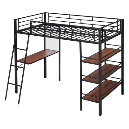 Loft Metal Bed With 3 Layers Of Shelves And Desk, Stylish Metal Frame Bed With board - The Sleep Loft - Online Mattress Showroom NYC