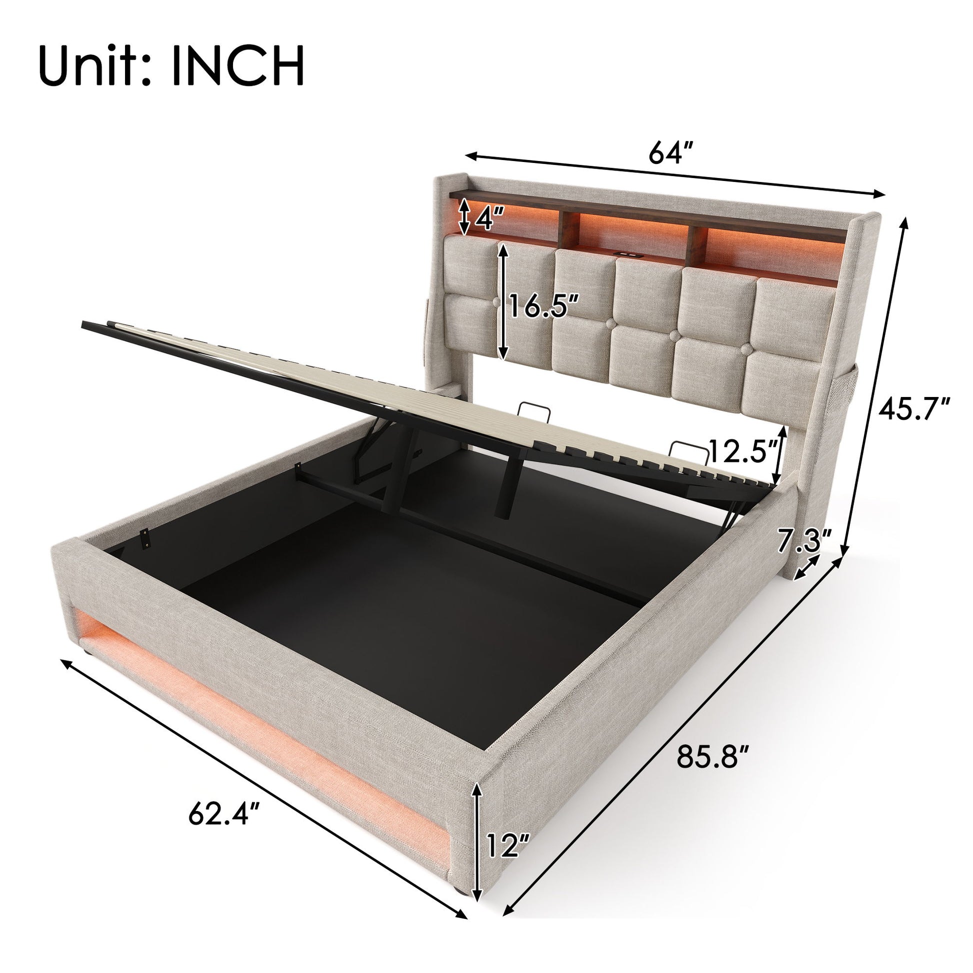 Upholstered Platform Bed With A Hydraulic Storage System, LED And USB Charging (Without Mattress) - The Sleep Loft - Online Mattress Showroom NYC