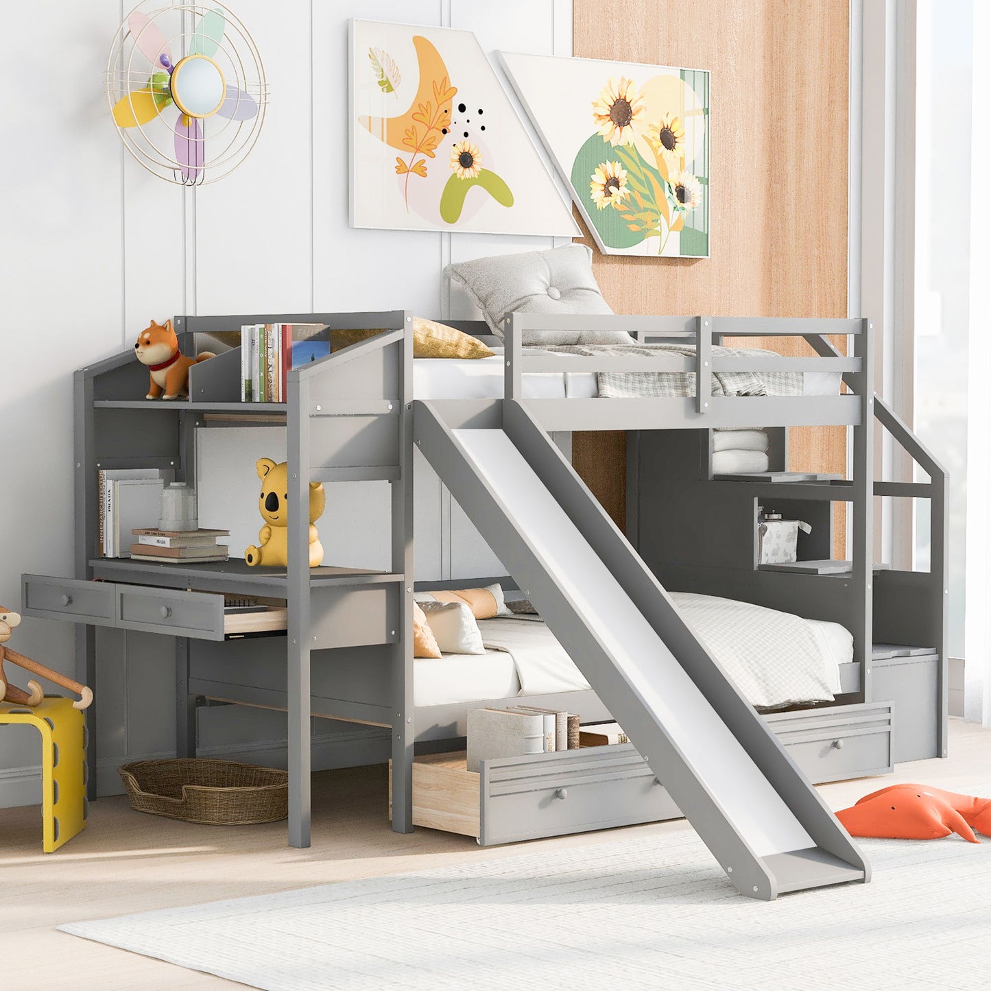 Bunk Bed With Storage Staircase, Slide, Desk, Drawers, And Shelves - The Sleep Loft - Online Mattress Showroom NYC