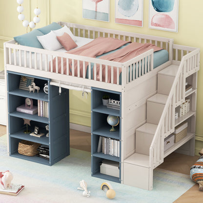 Full Size Loft Bed With 2 Four Layer Storage Cabinets And Curtain With Built In Staircase And Privacy Curtain - White - The Sleep Loft - Online Mattress Showroom NYC