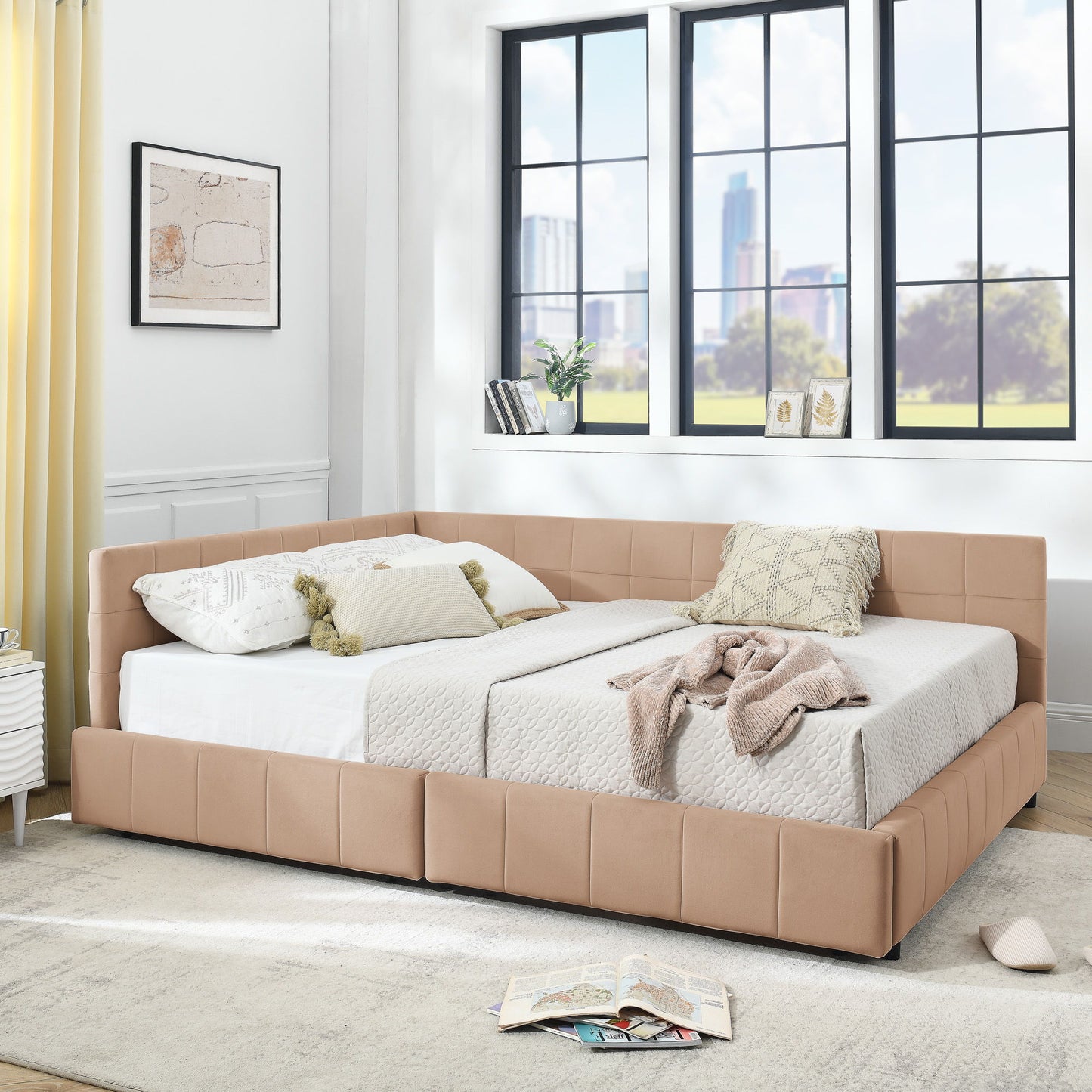 Mid-Century Storage Upholstered Tufted Bed Frame With Backrest And Armrests - The Sleep Loft - Online Mattress Showroom NYC