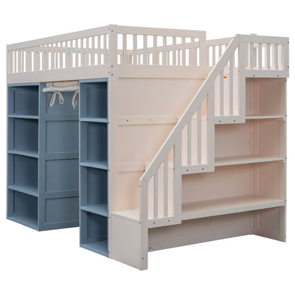 Full Size Loft Bed With 2 Four Layer Storage Cabinets And Curtain With Built In Staircase And Privacy Curtain - White - The Sleep Loft - Online Mattress Showroom NYC