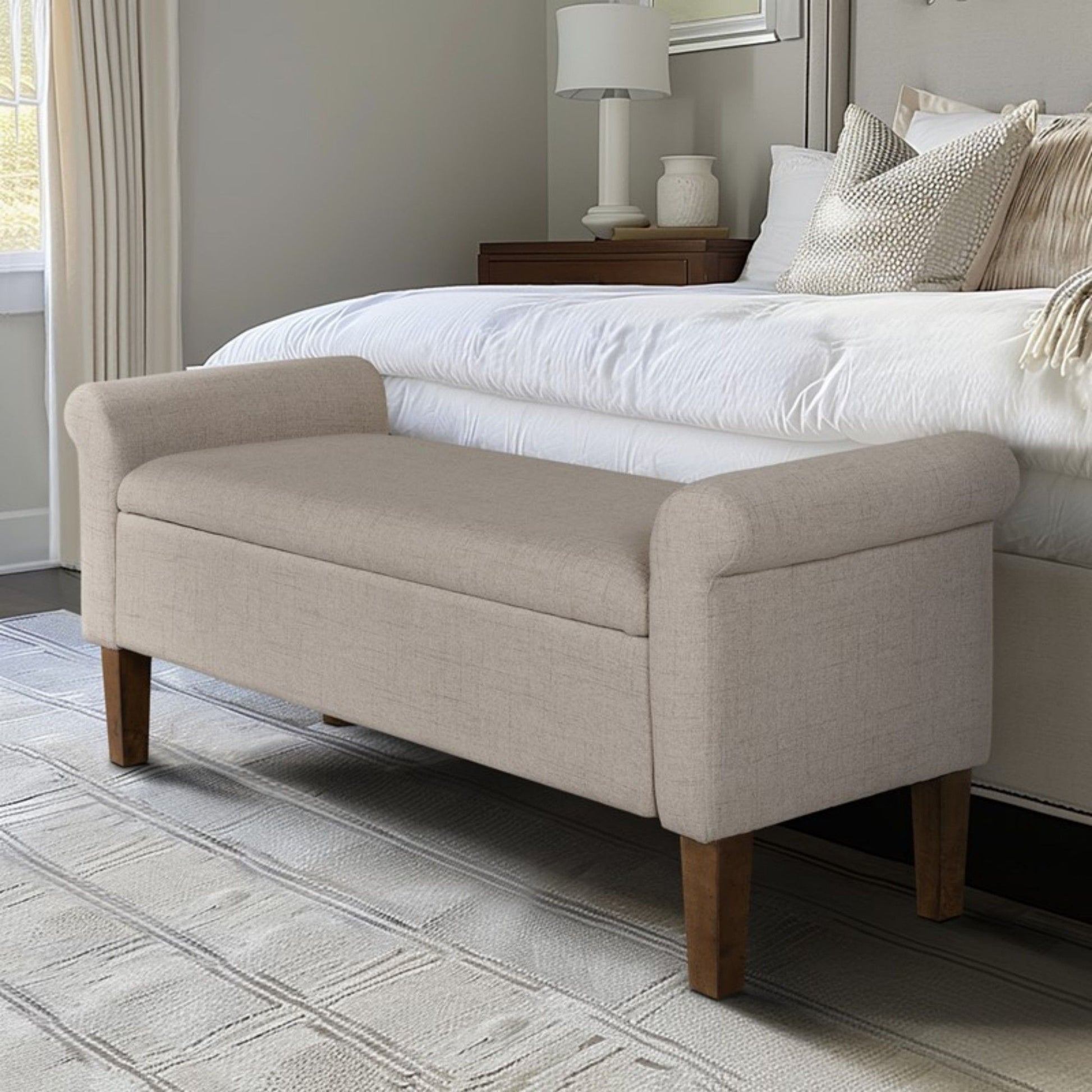 Upholstered Storage Bench With Rolled Armrests - Beige - The Sleep Loft - Online Mattress Showroom NYC