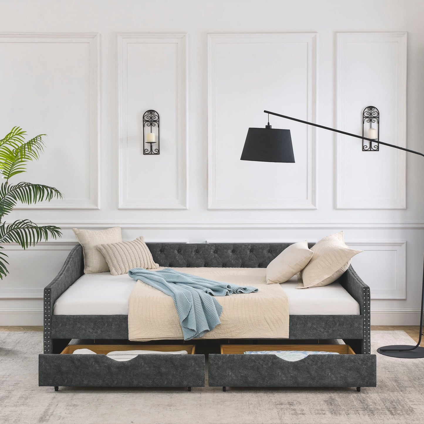 Upholstered Tufted Daybed With 2 Drawers, Waved Arms - The Sleep Loft - Online Mattress Showroom NYC