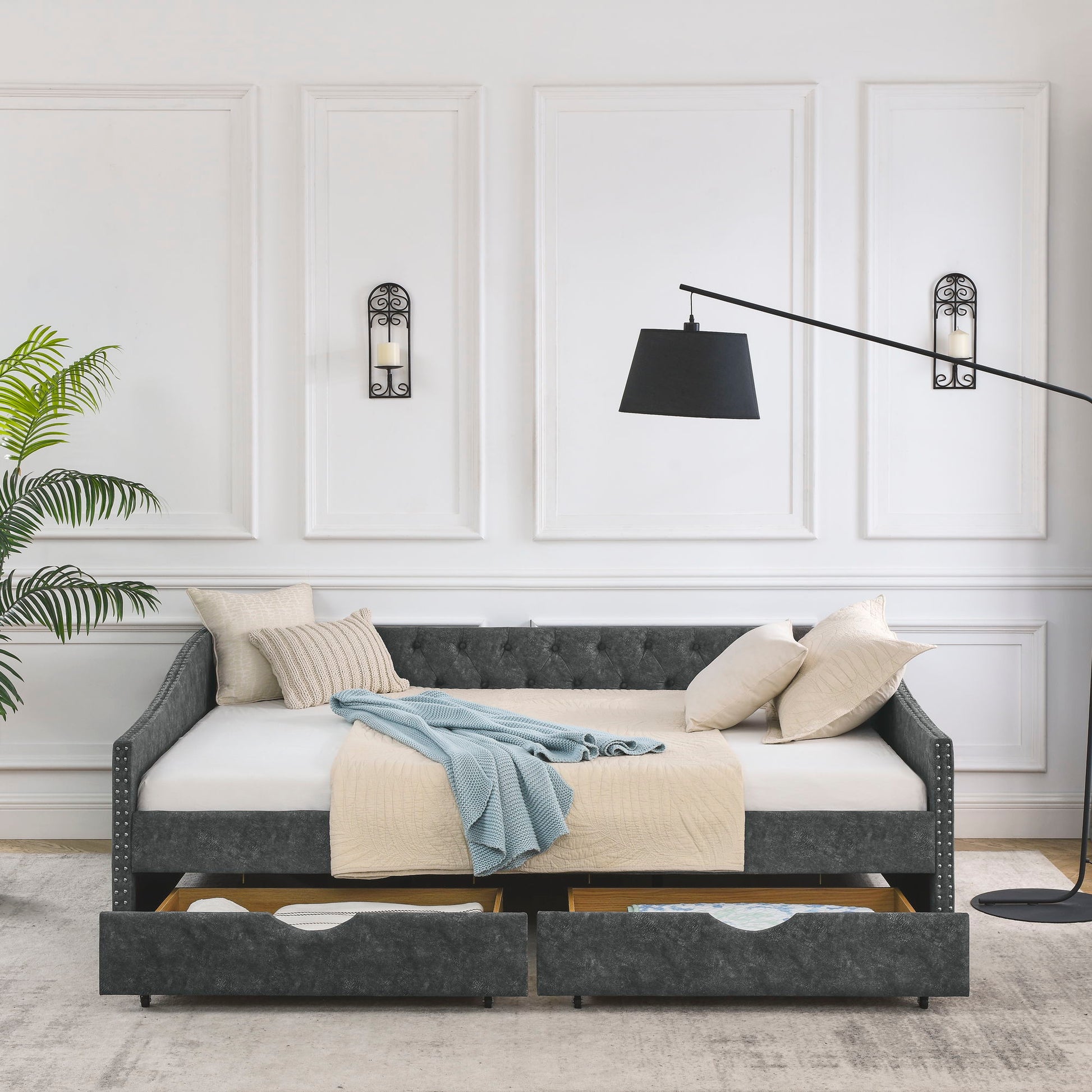Upholstered Tufted Daybed With 2 Drawers, Waved Arms - The Sleep Loft - Online Mattress Showroom NYC