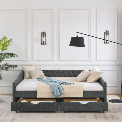 Upholstered Tufted Daybed With 2 Drawers, Waved Arms - The Sleep Loft - Online Mattress Showroom NYC