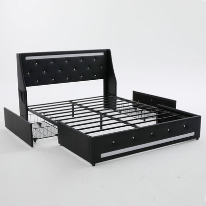 Wingback Upholstered Bed Frame With LED Lights, Charging Station - The Sleep Loft - Online Mattress Showroom NYC