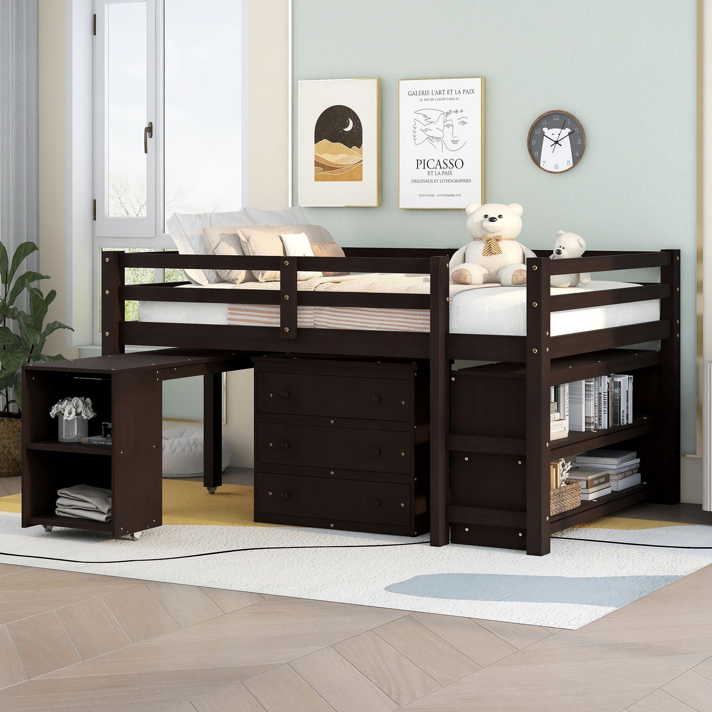 Loft Low Study Bed With Cabinet, Shelves And Rolling Portable Desk, Multiple Functions - The Sleep Loft - Online Mattress Showroom NYC