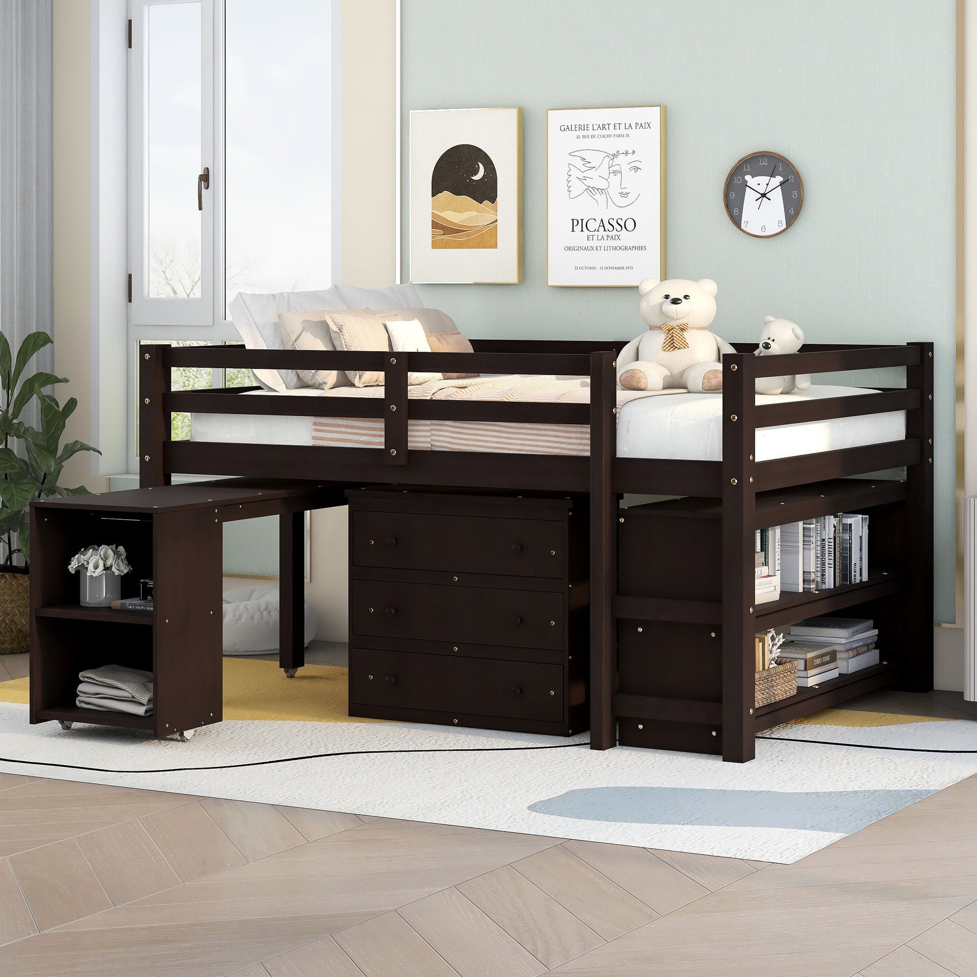 Loft Low Study Bed With Cabinet, Shelves And Rolling Portable Desk, Multiple Functions - The Sleep Loft - Online Mattress Showroom NYC