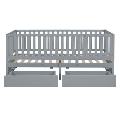 Daybed With Fence Guardrails And 2 Drawers, Split Into Independent Floor Bed & Daybed - The Sleep Loft - Online Mattress Showroom NYC