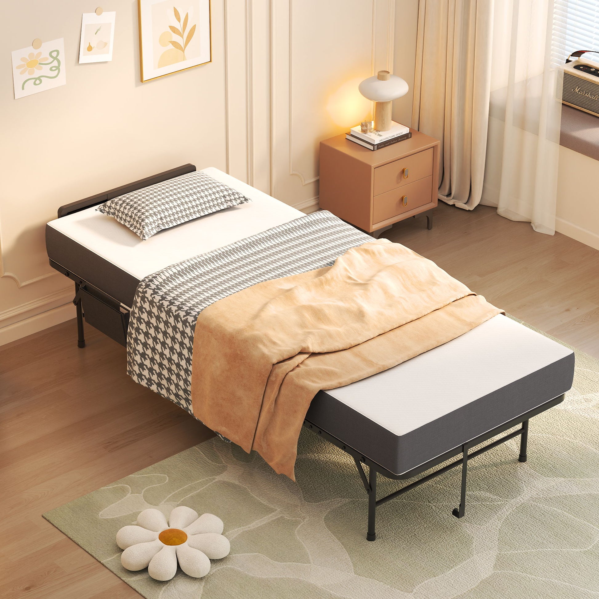 Twin Folding Bed With Adjustable Headboard & Memory Foam, Space Saving Rollaway Guest For Tall People, Portable On Wheels, Easy Assembly - Black - The Sleep Loft - Online Mattress Showroom NYC