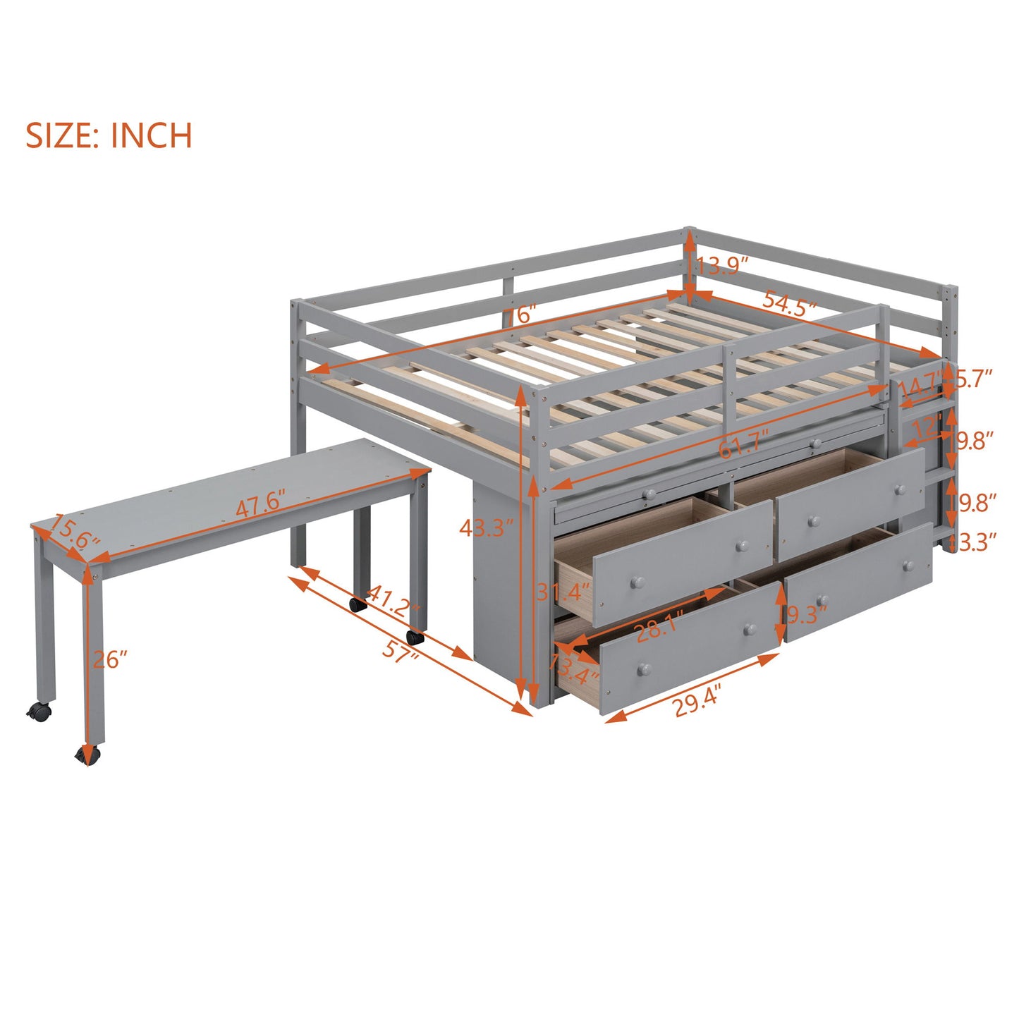 Loft Bed With Retractable Writing Desk And 4 Drawers, With Lateral Portable Desk And Shelves - The Sleep Loft - Online Mattress Showroom NYC