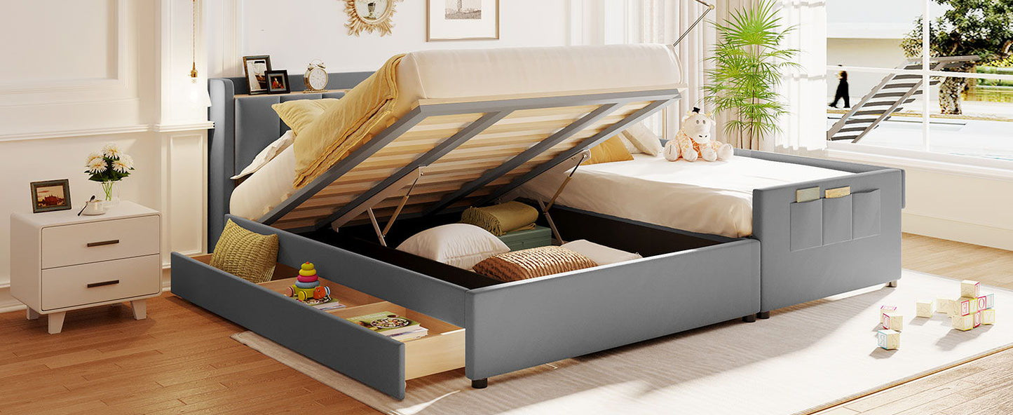 Upholstered Mother & Child Bed With Hydraulic Storage System, Drawer Box, Bedhead Storage Shelf And 2 Pairs Of Sockets & USB Ports - The Sleep Loft - Online Mattress Showroom NYC