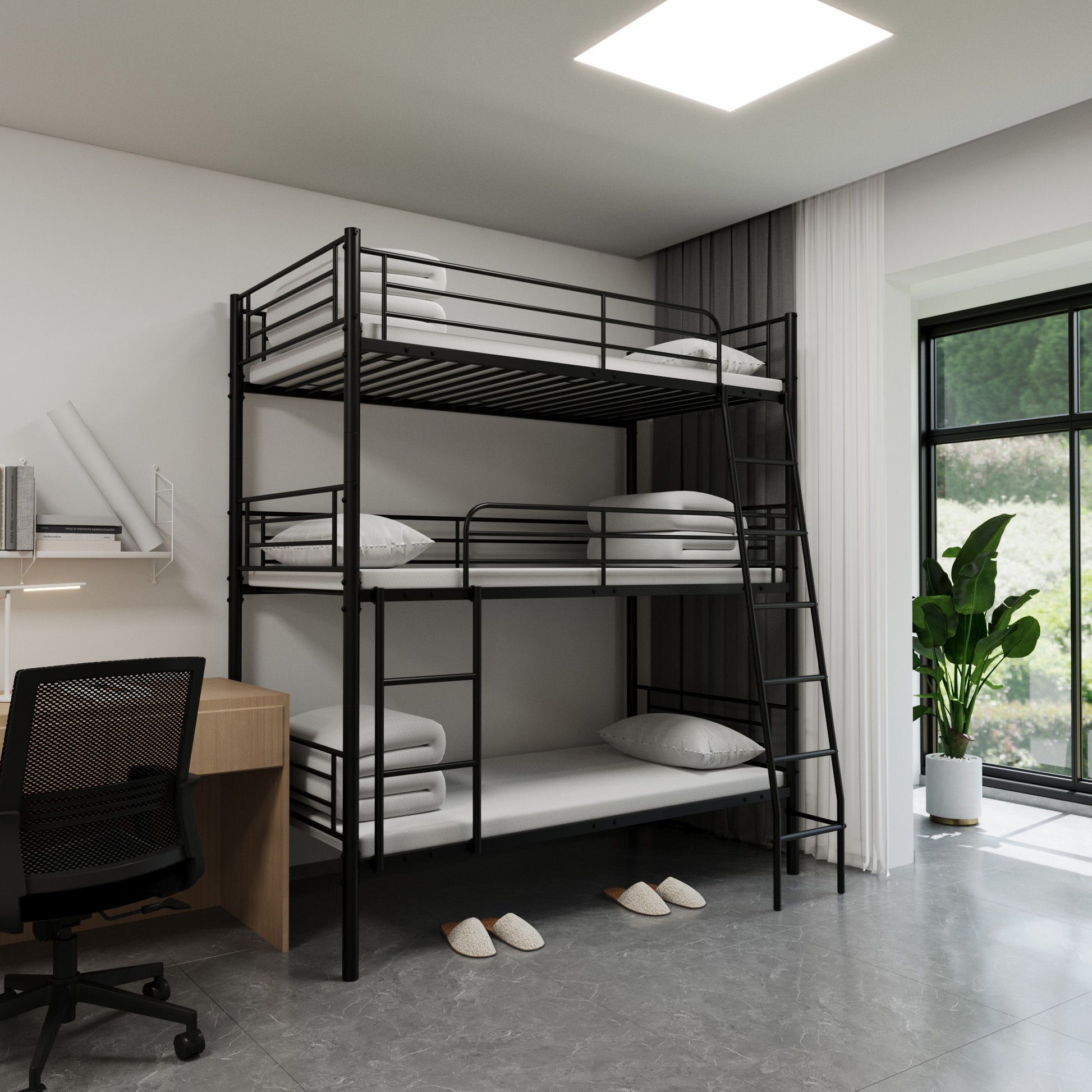 Twin Size Metal Triple Bunk Bed For Bedroom And Dormitory, Convertible Into 3 Separate Beds - Black - The Sleep Loft - Online Mattress Showroom NYC