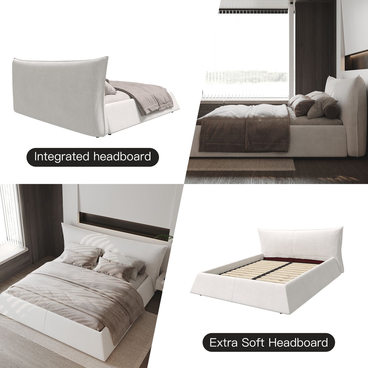 King Size Platform Bed With Special-Shaped Headboard - Cream - The Sleep Loft - Online Mattress Showroom NYC