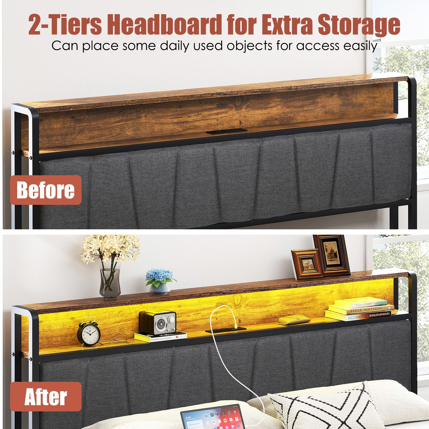 Upholstered Platform Bed Frame With Storage Drawers, USB Ports, LED Lights - The Sleep Loft - Online Mattress Showroom NYC