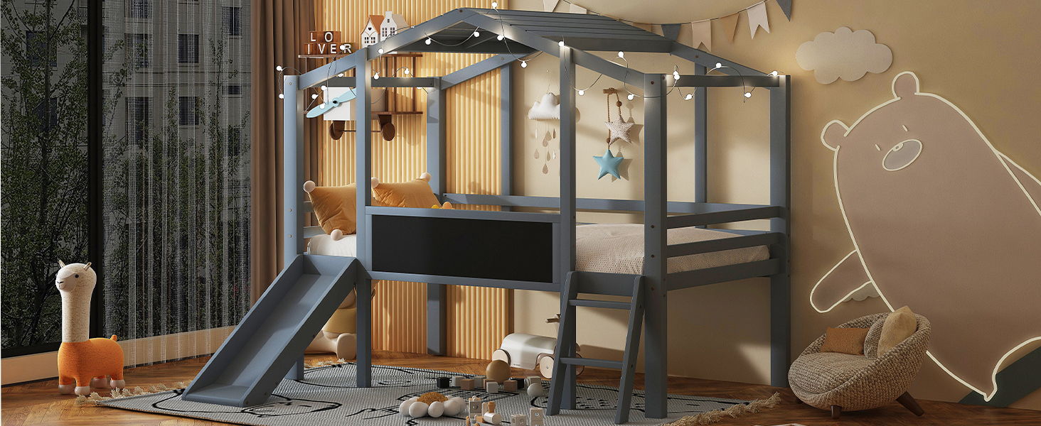 Loft House Bed With Ladder And Slide, With board And Light Strip On The Roof - The Sleep Loft - Online Mattress Showroom NYC