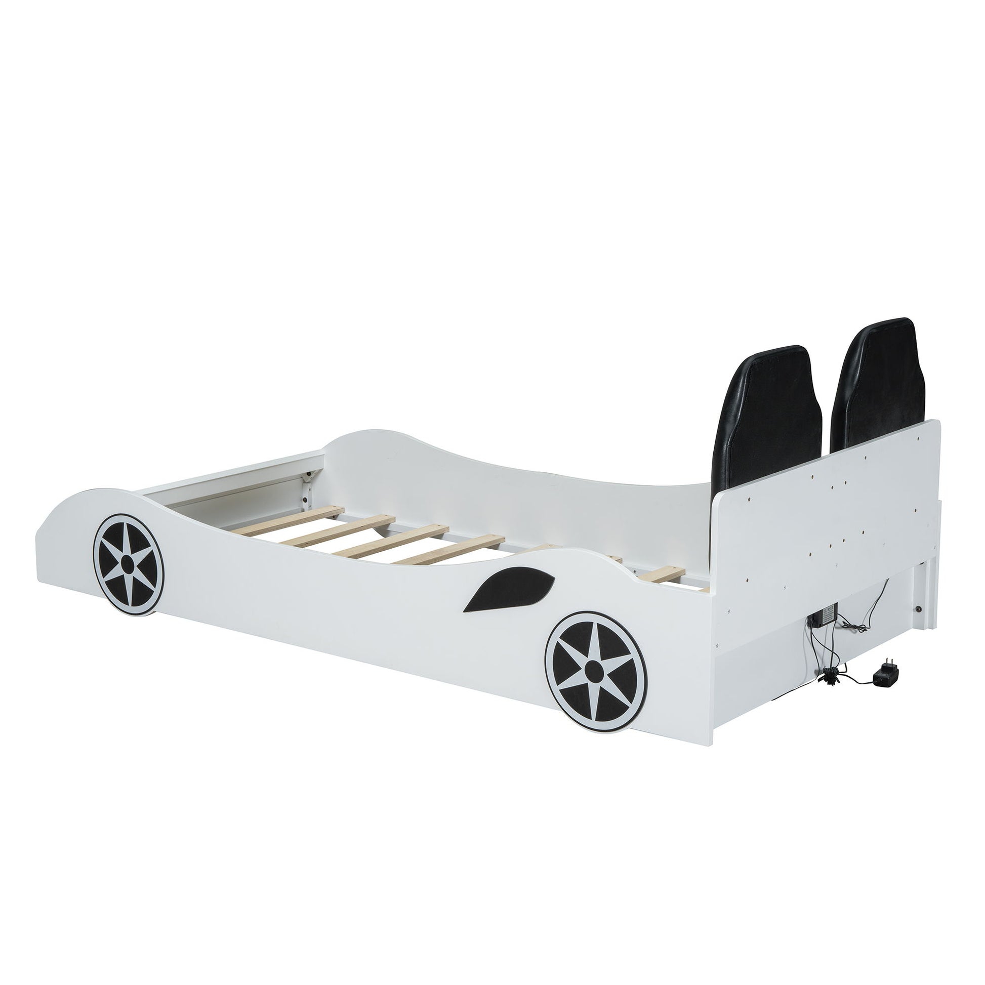 Race Car Shaped Platform Bed With LED And Upholstered Backrest In - The Sleep Loft - Online Mattress Showroom NYC