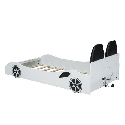 Race Car Shaped Platform Bed With LED And Upholstered Backrest In - The Sleep Loft - Online Mattress Showroom NYC