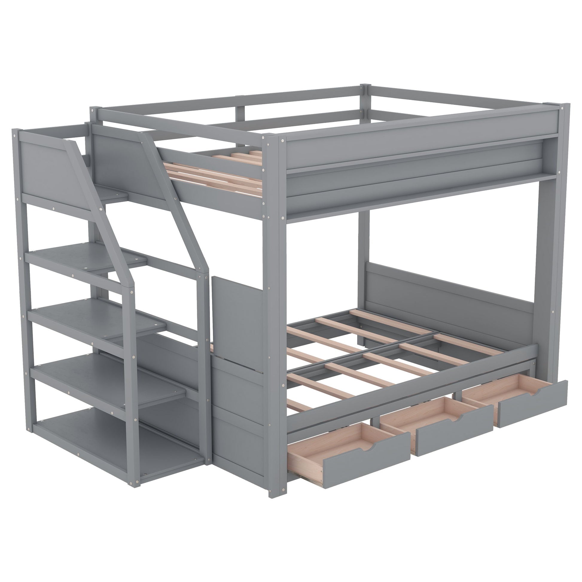 Wood Full Size Convertible Bunk Bed With Storage Staircase, Bedside Table, And 3 Drawers - Gray - The Sleep Loft - Online Mattress Showroom NYC