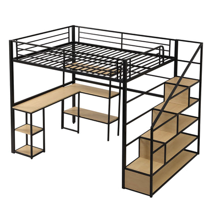 Full Size Loft Bed With Staircase, Built In Desk And Shelves And Sleeping Surface - Black - The Sleep Loft - Online Mattress Showroom NYC