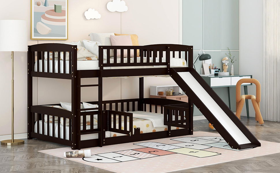 Low Bunk Bed With Slide, Fence And Ladder - The Sleep Loft - Online Mattress Showroom NYC