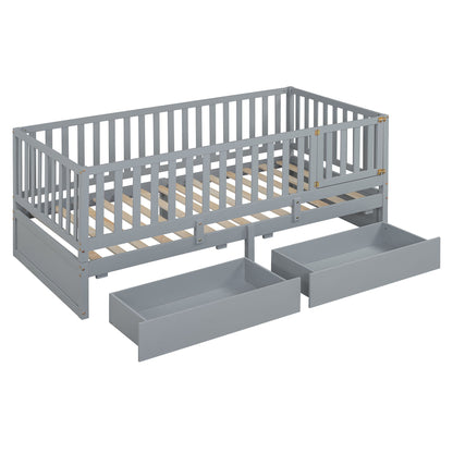 Daybed With Fence Guardrails And 2 Drawers, Split Into Independent Floor Bed & Daybed - The Sleep Loft - Online Mattress Showroom NYC