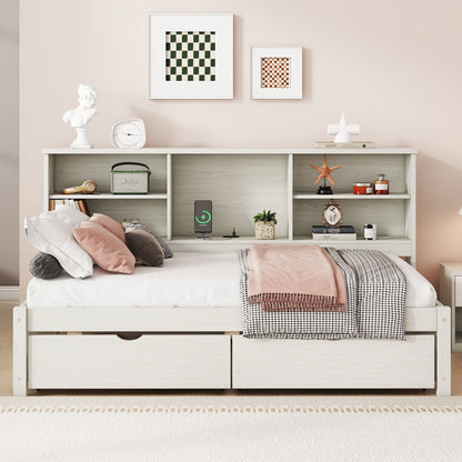 Bed Frame With Side Bookshelves, 2 Drawers, And Built In USB Port
